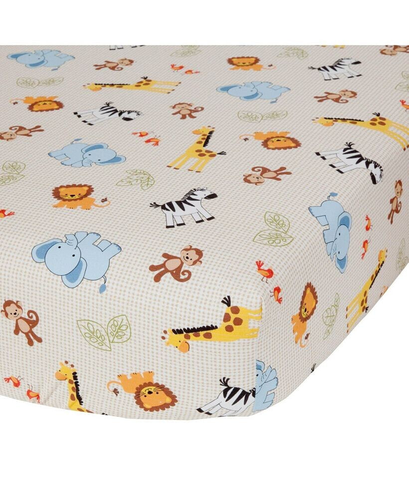 Jungle Buddies Beige Safari Animals Fitted Baby Crib Sheet