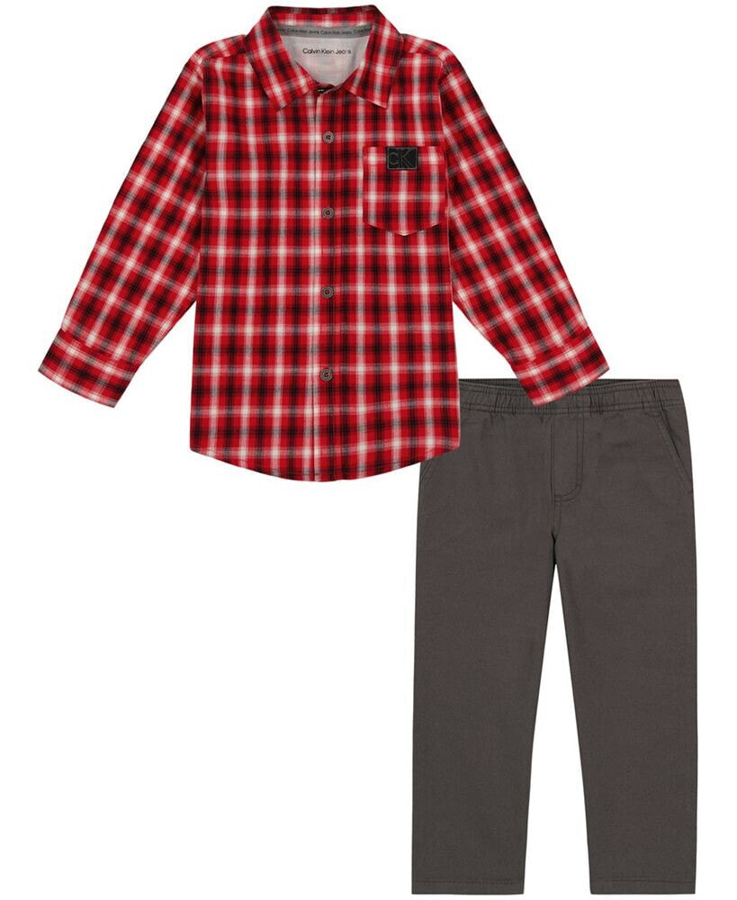 Calvin Klein toddler Boys Plaid Long Sleeve Button Front Shirt and Prewashed Twill Pants, 2 Piece Set