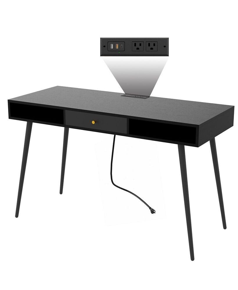 Simplie Fun mid Century Desk with USB Ports and Power Outlet, Modern Writing Study Desk with Drawers, Multifunctional Home Office Computer Desk Black