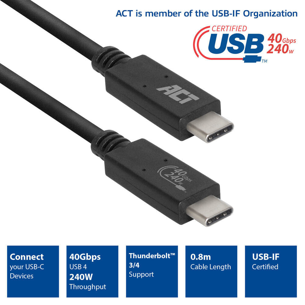 ACT AC7451 USB кабель 0,8 m USB4 Gen 3x2 USB C Черный