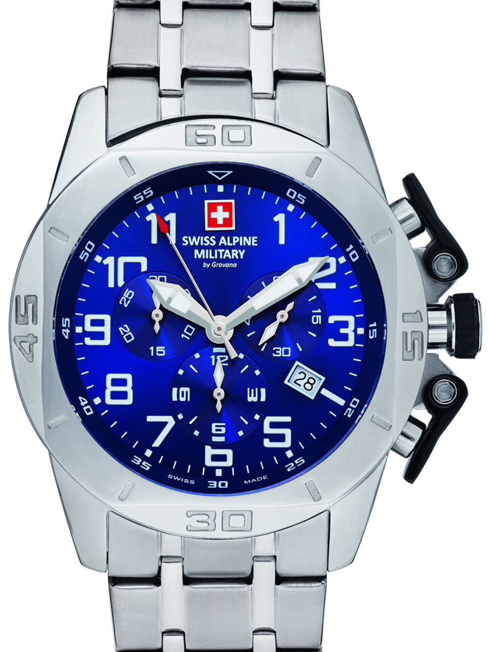 Мужские наручные часы с серебряным браслетом Swiss Alpine Military 7063.9135 chrono 45mm 10ATM