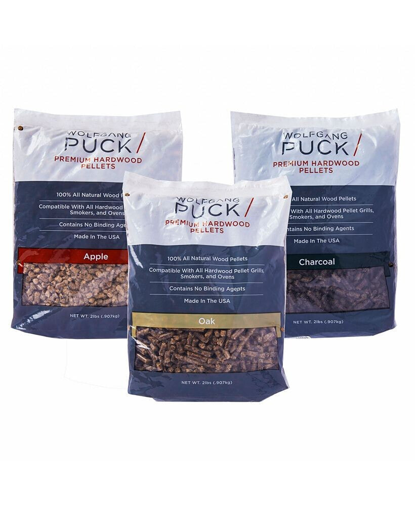 Wolfgang Puck premium Hardwood Pellets for Smokers & Pellet Grills, 100% All-Natural Wood, Includes: Oak, Apple & Charcoal (Traditional Selection)