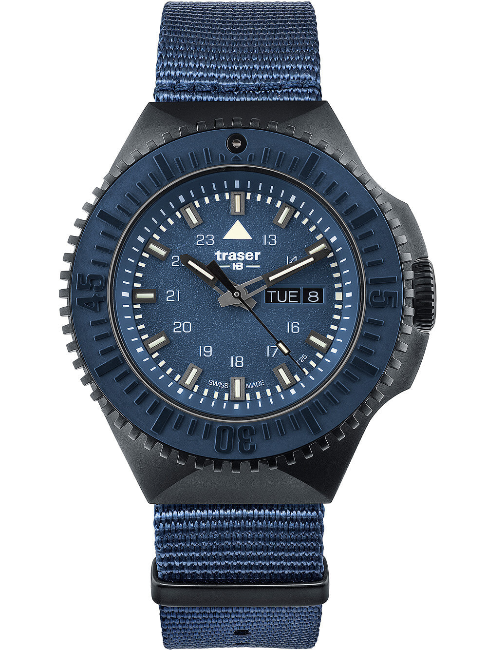 Мужские наручные часы с синим текстильным ремешком Traser H3 109856 P69 Black-Stealth Blue 46mm 20ATM