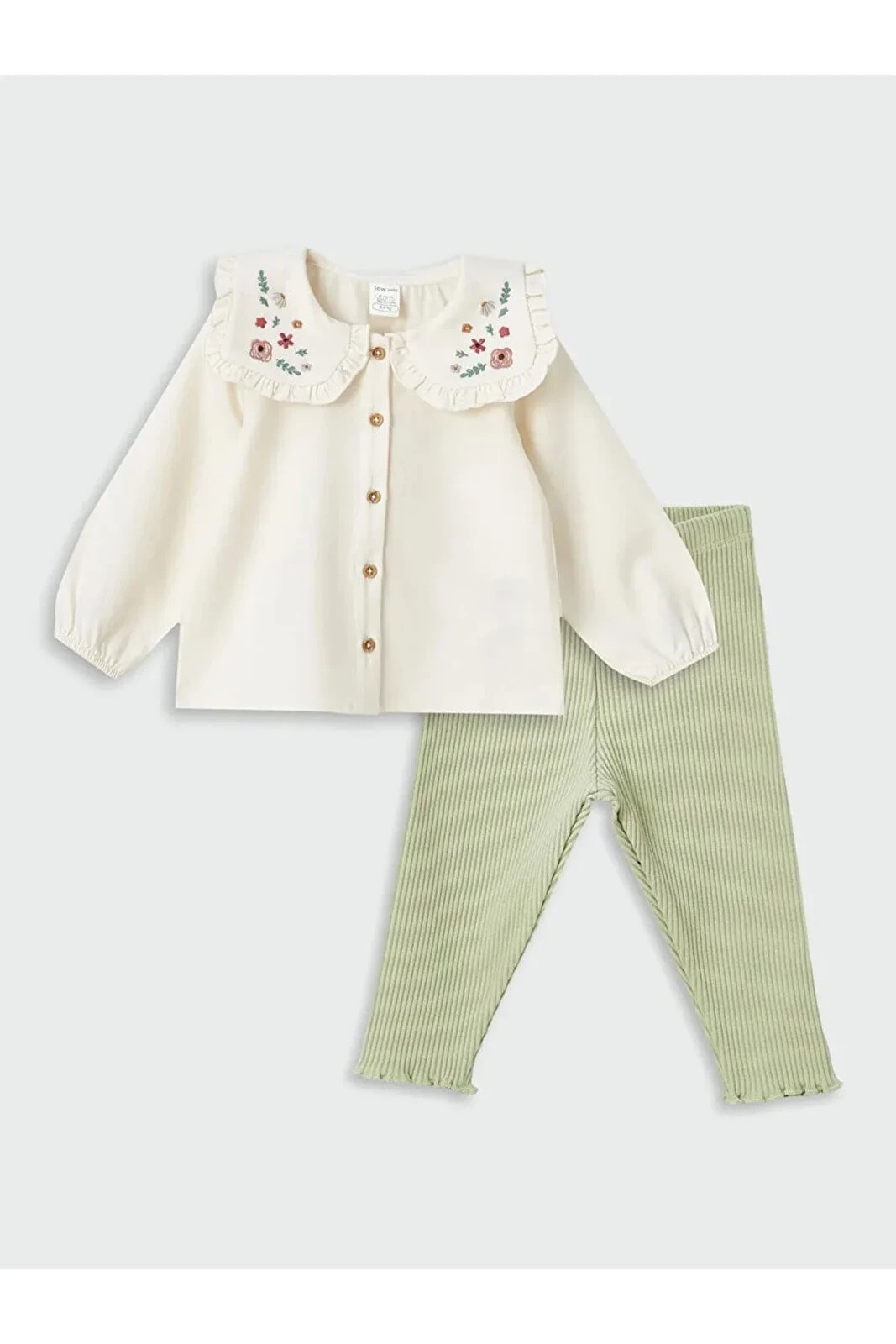Bebe Yaka Uzun Kollu Pamuklu Kız Bebek Bluz ve Pantolon 2'li Takım