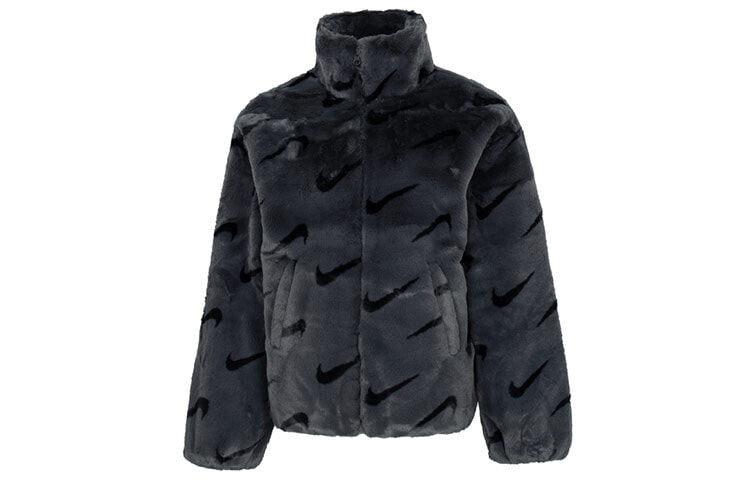 Nike Women's Printed Faux Fur Jacket Asia Sizing Dark Smoke Grey