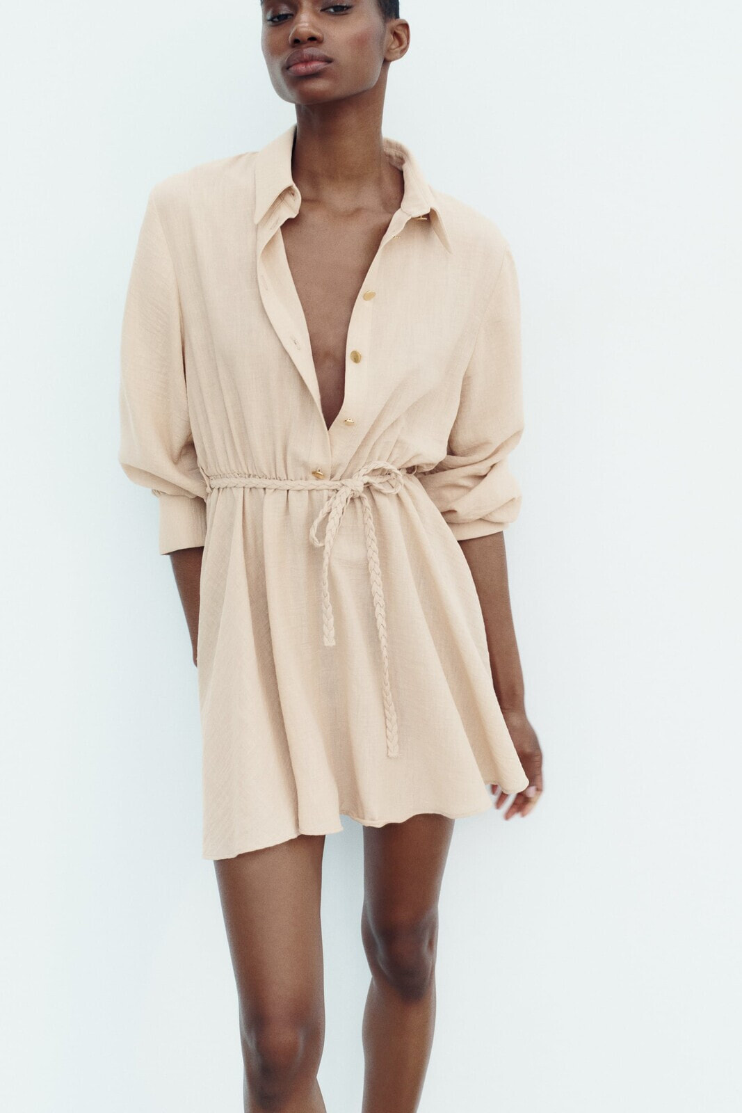 Shirt dress with braided belt