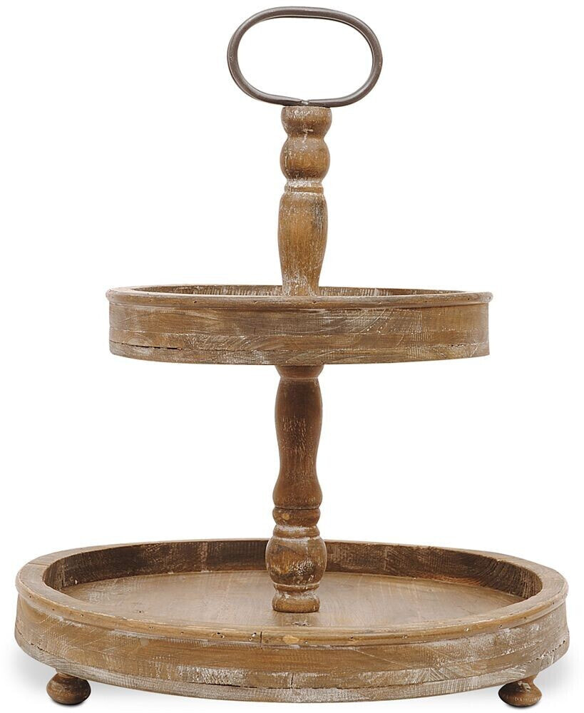 3R Studio Round Decorative Wood 2-Tier Tray