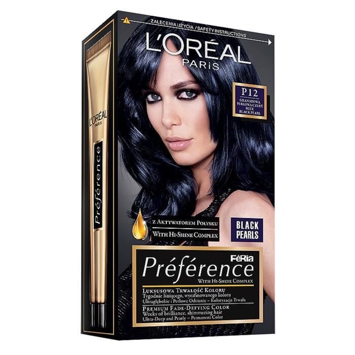 L'Oreal Paris Preference Hair Colour P12 Стойкая краска, придающая блеск волосам, оттенок темно-синий жемчужно-черный