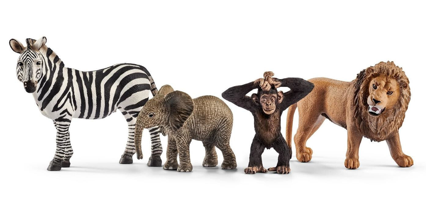 Набор Schleich Wild Life 42387  Дикие животные :Лев, зебра, африканский слонёнок и детёныш шимпанзе