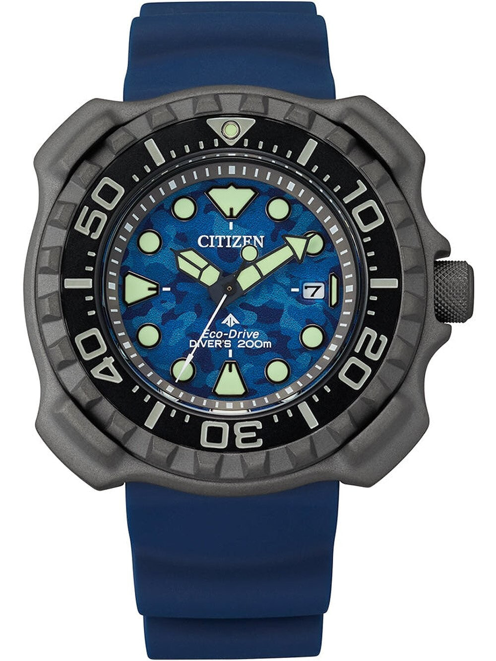 Мужские наручные часы с синим силиконовым ремешком Citizen BN0227-09L Eco-Drive Promaster Titanium 47mm 20ATM