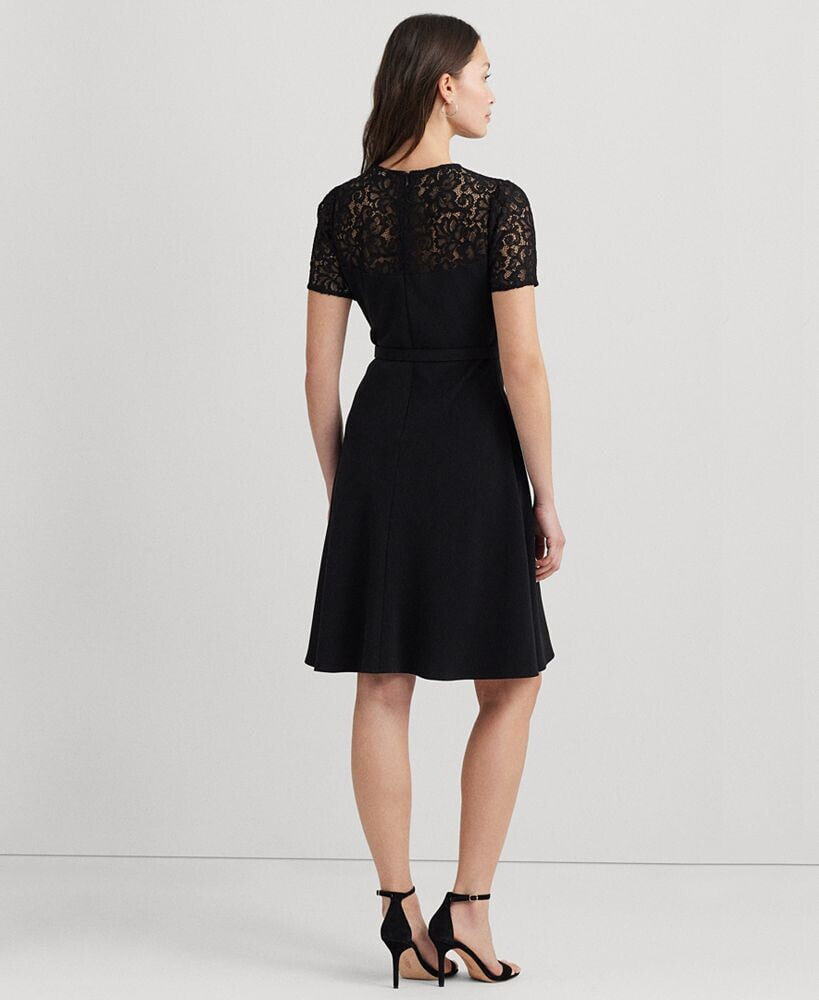 Lauren Ralph Lauren women's Belted Lace-Trim Fit & Flare Dress