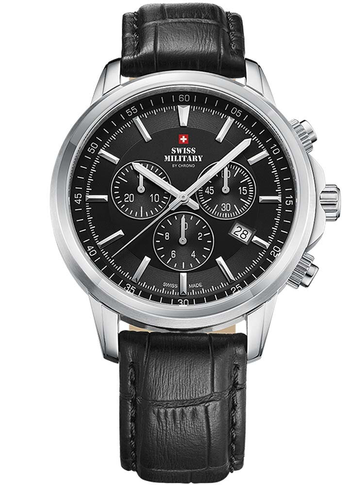 Мужские наручные часы с черным кожаным ремешком Swiss Military SM34052.08 Chronograph Sapphire 42mm 10 ATM