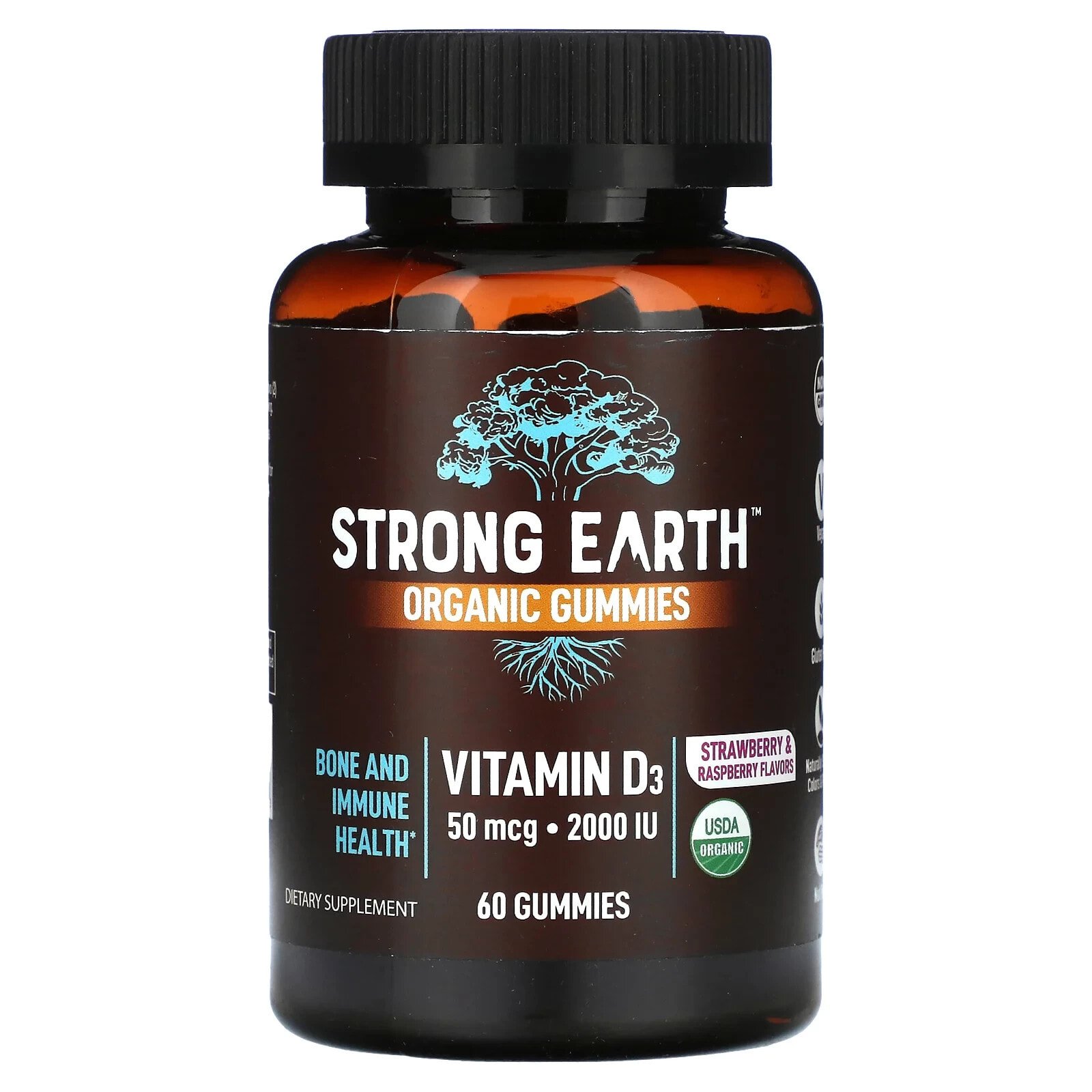 YumV's, Органические жевательные мармеладки Strong Earth, витамин D3, клубника и малина, 25 мкг (1000 МЕ), 60 жевательных таблеток