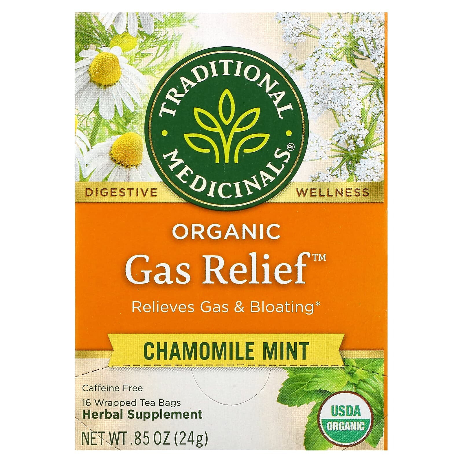 Organic Gas Relief, Chamomile Mint, Caffeine Free, 16 Wrapped Tea Bags, 0.85 oz (24 g)
