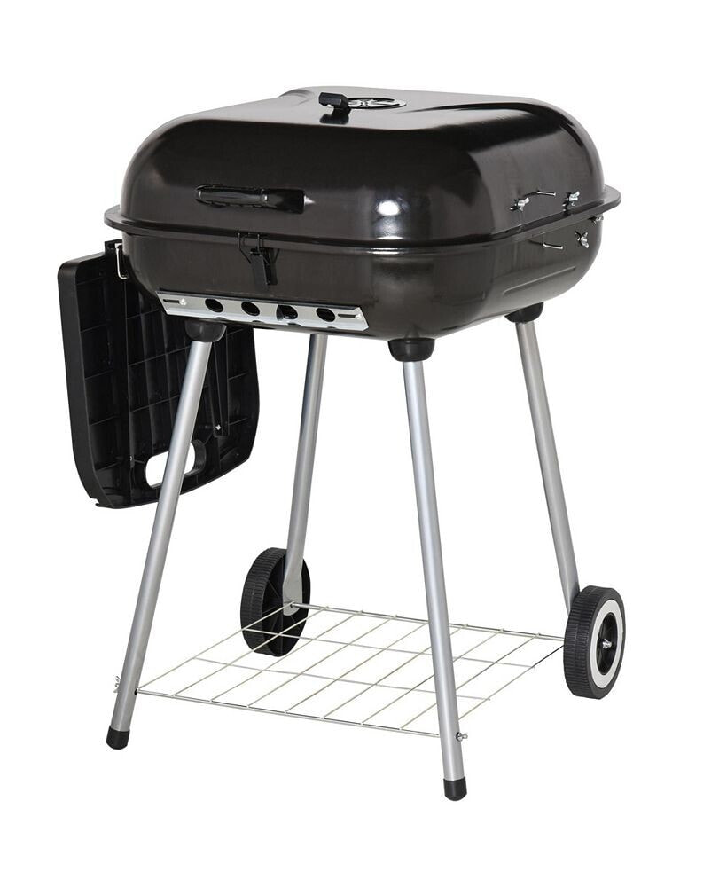 Outsunny 38'' Steel Charcoal Grill with Portable Wheel, Side Tray and Lower Shelf for Outdoor BBQ for Garden, Backyard, Poolside