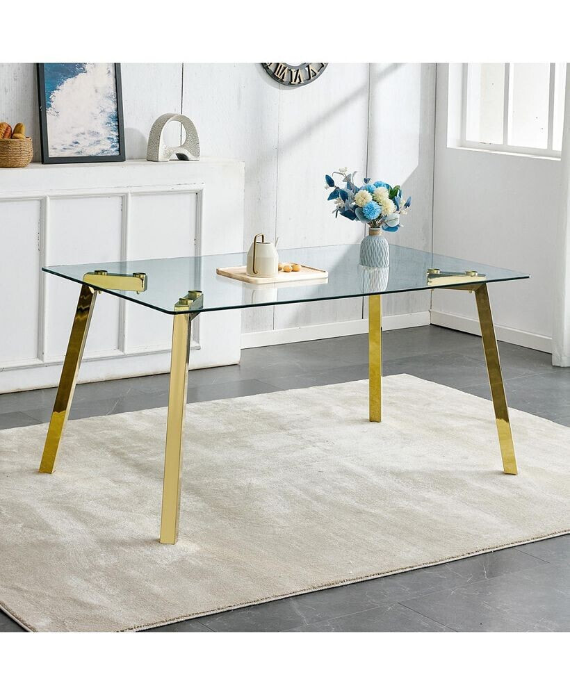 Simplie Fun modern minimalist style rectangular glass dining table with tempered glass tabletop and golde
