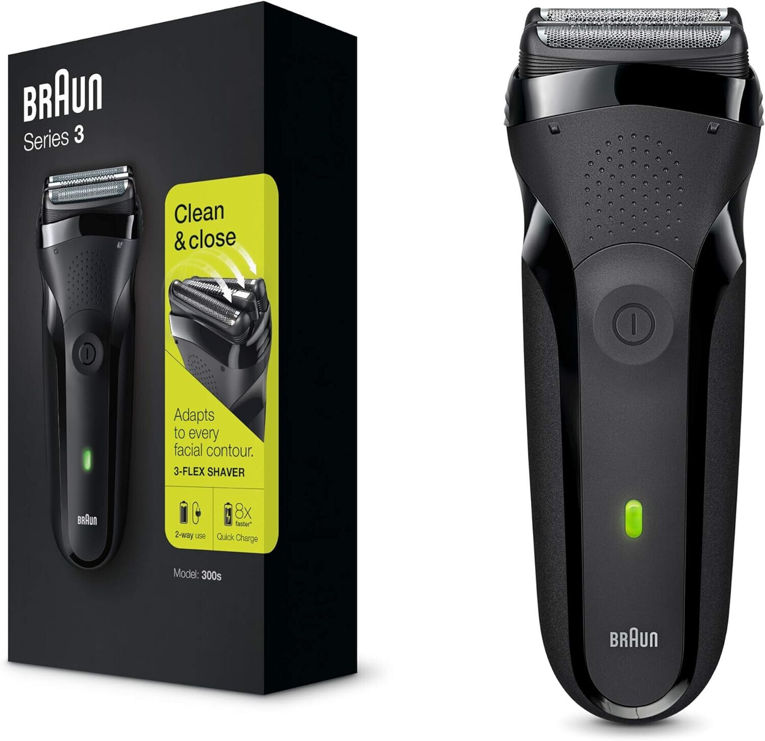 Braun Series 3 Men's Electric Shaver with 3 Flexible Blades, Rechargeable and Wireless Electric Shaver, 30 Minutes Runtime, Gift Man, 300s, Black