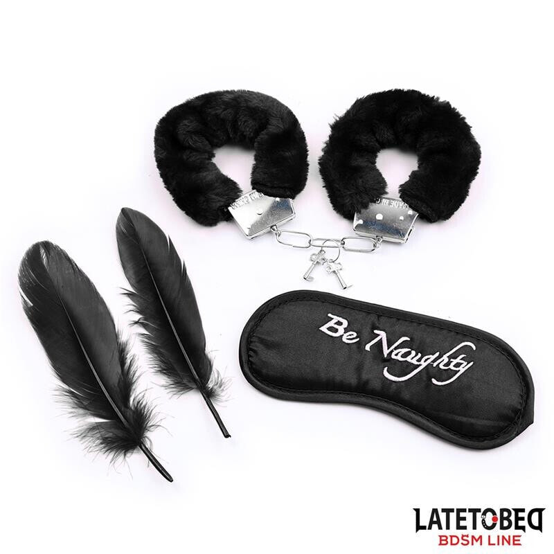 3 Pieces Set Mask, Handcuffs and Feathers Black