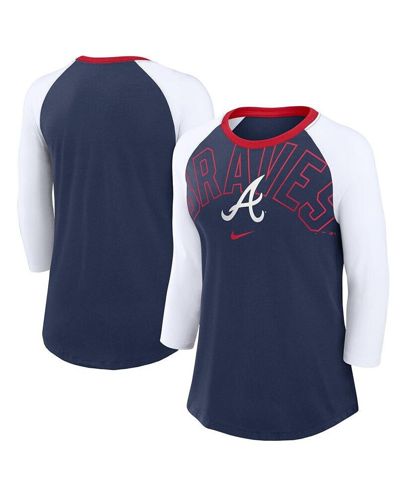 Nike women's Navy, White Atlanta Braves Knockout Arch 3/4-Sleeve Raglan Tri-Blend T-shirt