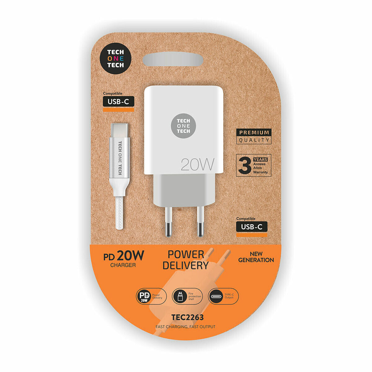 Зарядное для розетки + Кабель-USB-C Tech One Tech Белый 20 W