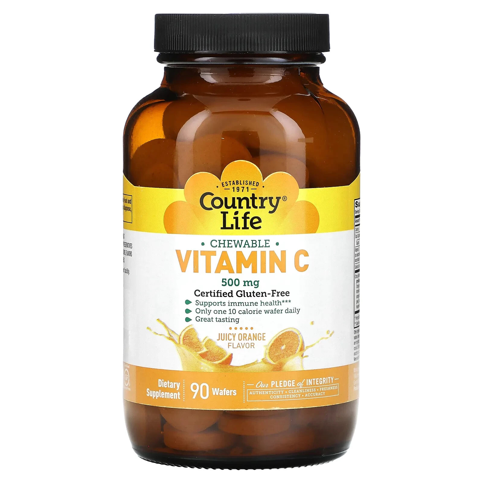Country Life, Жевательные таблетки с витамином C, сочный апельсин, 500 мг, 90 вафель
