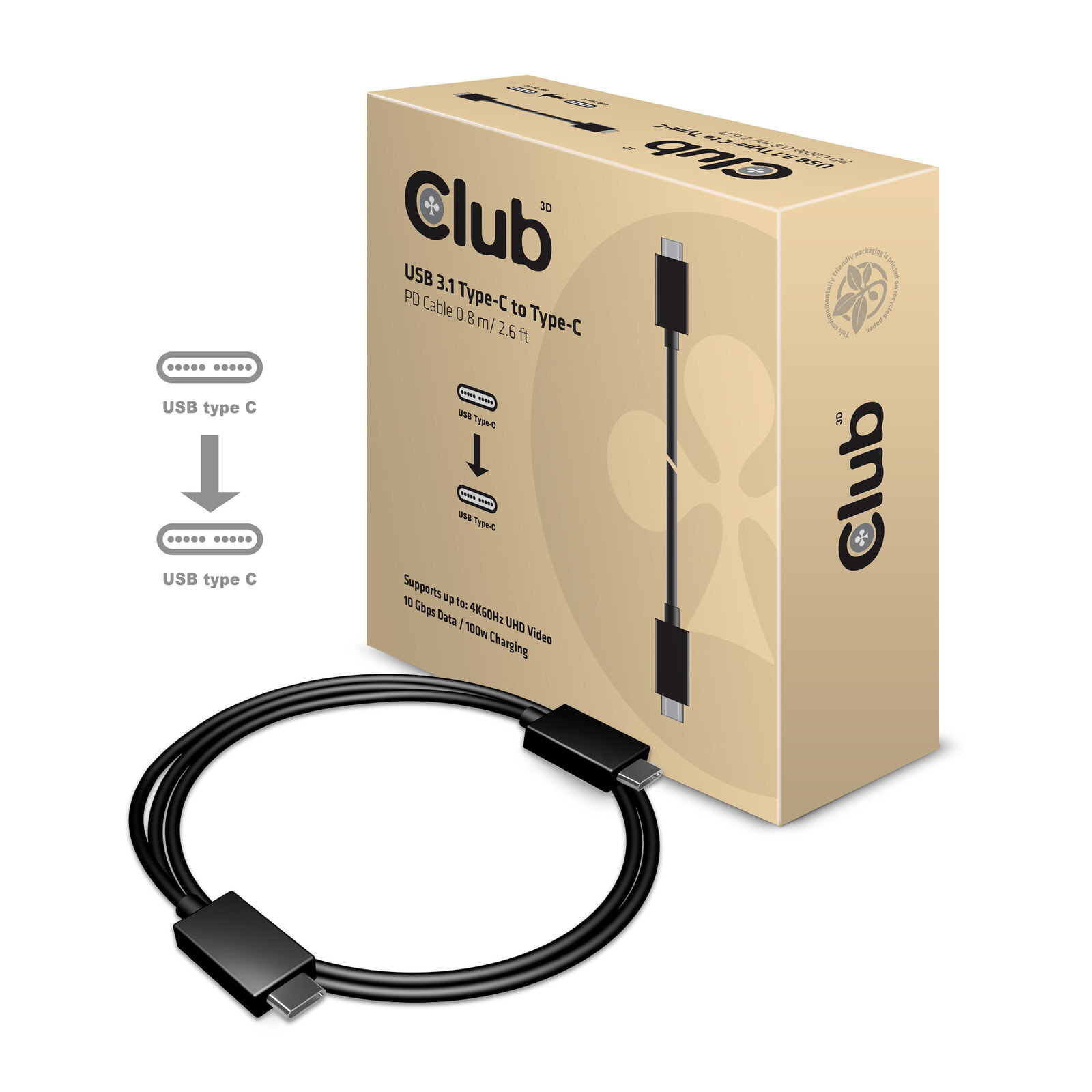 CLUB3D USB Type-C Cable M/M 0.8Meter Active PD ~100Watt 4K60Hz CAC-1522