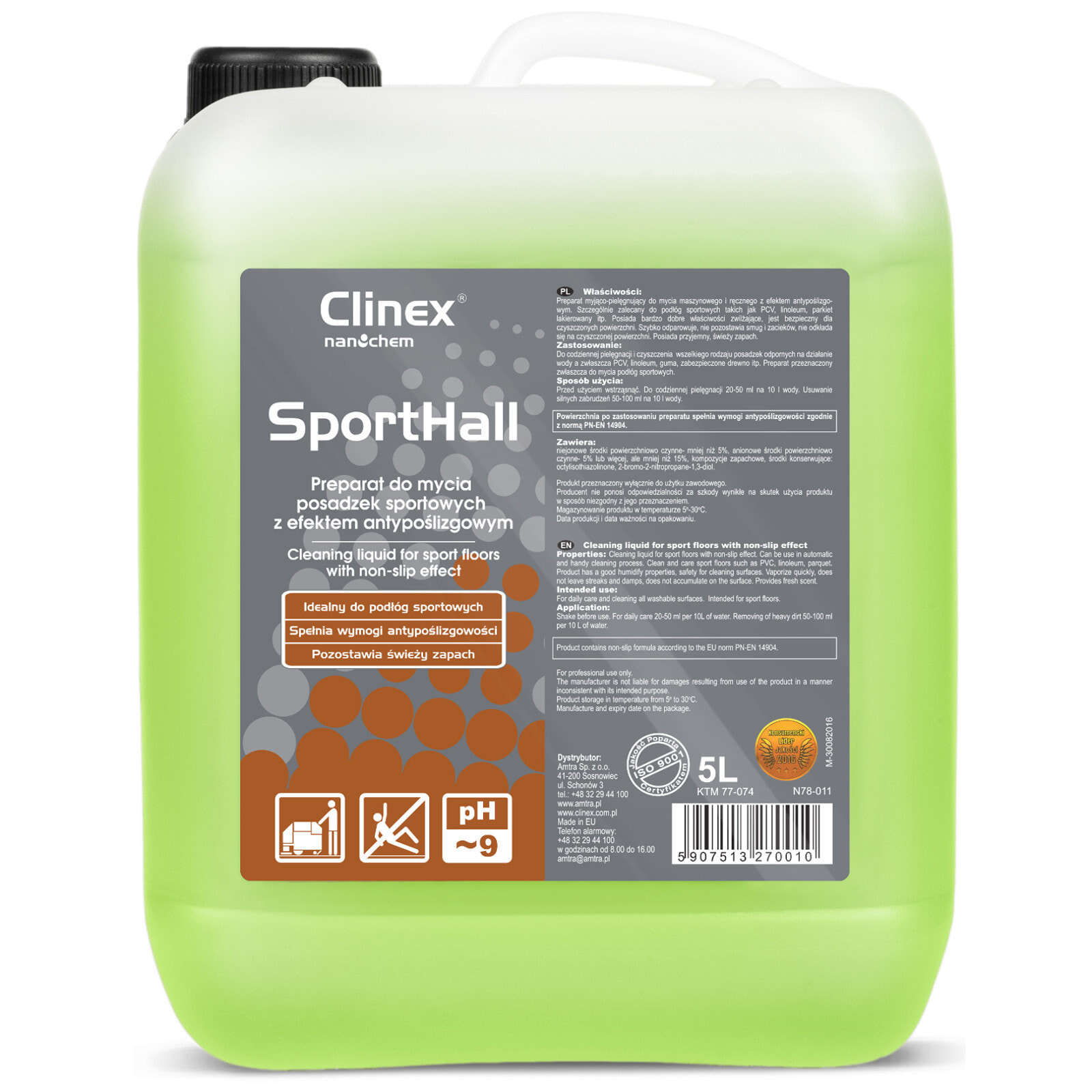PVC linoleum cleaner for parquet in sports halls, anti-slip CLINEX SportHall 5L
