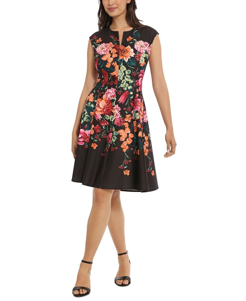 London Times petite Split-Neck Floral-Print Fit & Flare Dress