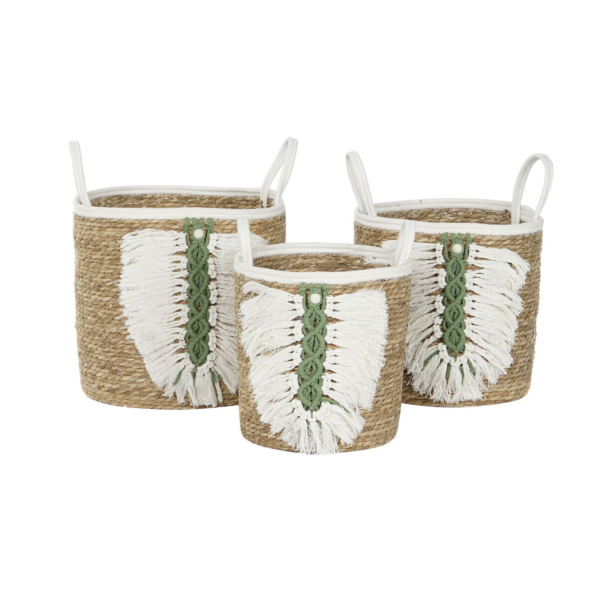 Basket set Home ESPRIT White Green Natural Natural Fibre Tropical 39 x 39 x 47 cm (3 Pieces)