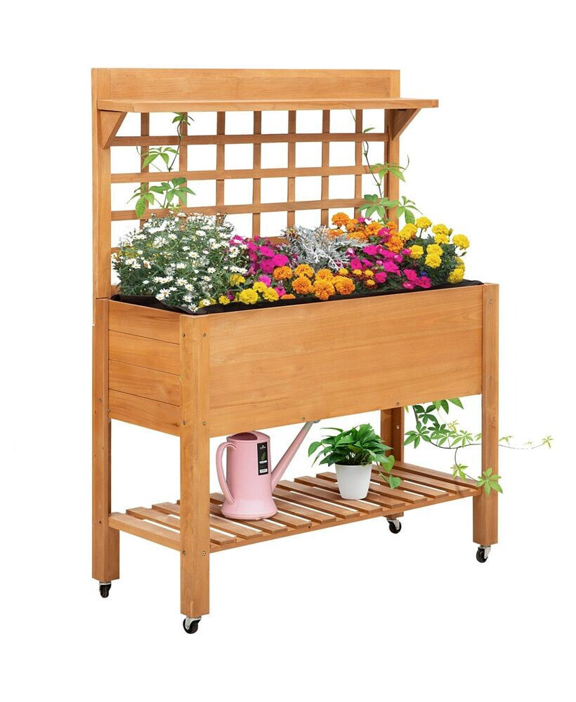 Outdoor Wooden Elevated Plant Bed w/ Shelves for Tool Storage & Wheels