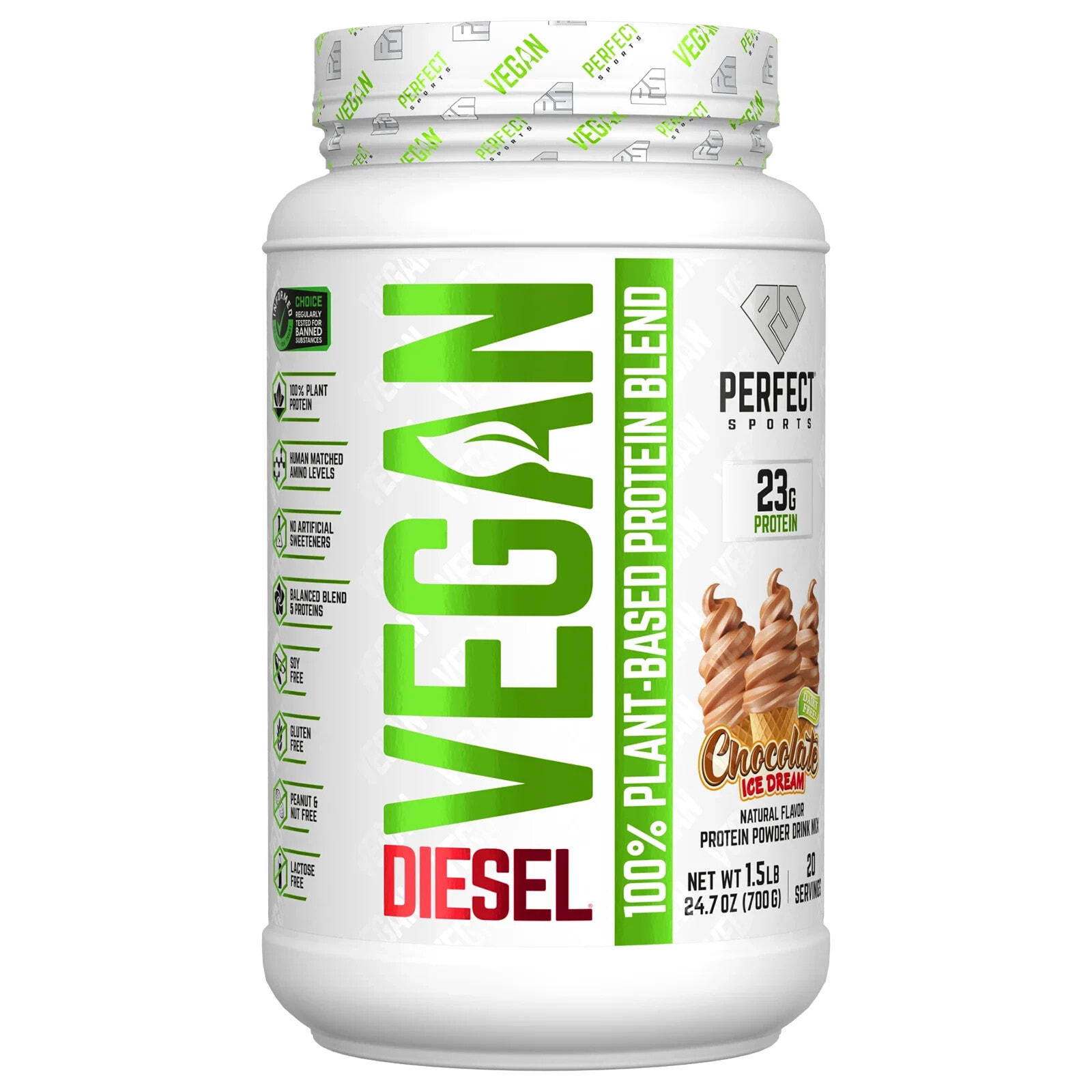 Perfect Sports, Vegan Diesel, смесь 100% растительных белков, ванильное мороженое, 700 г (1,5 фунта)