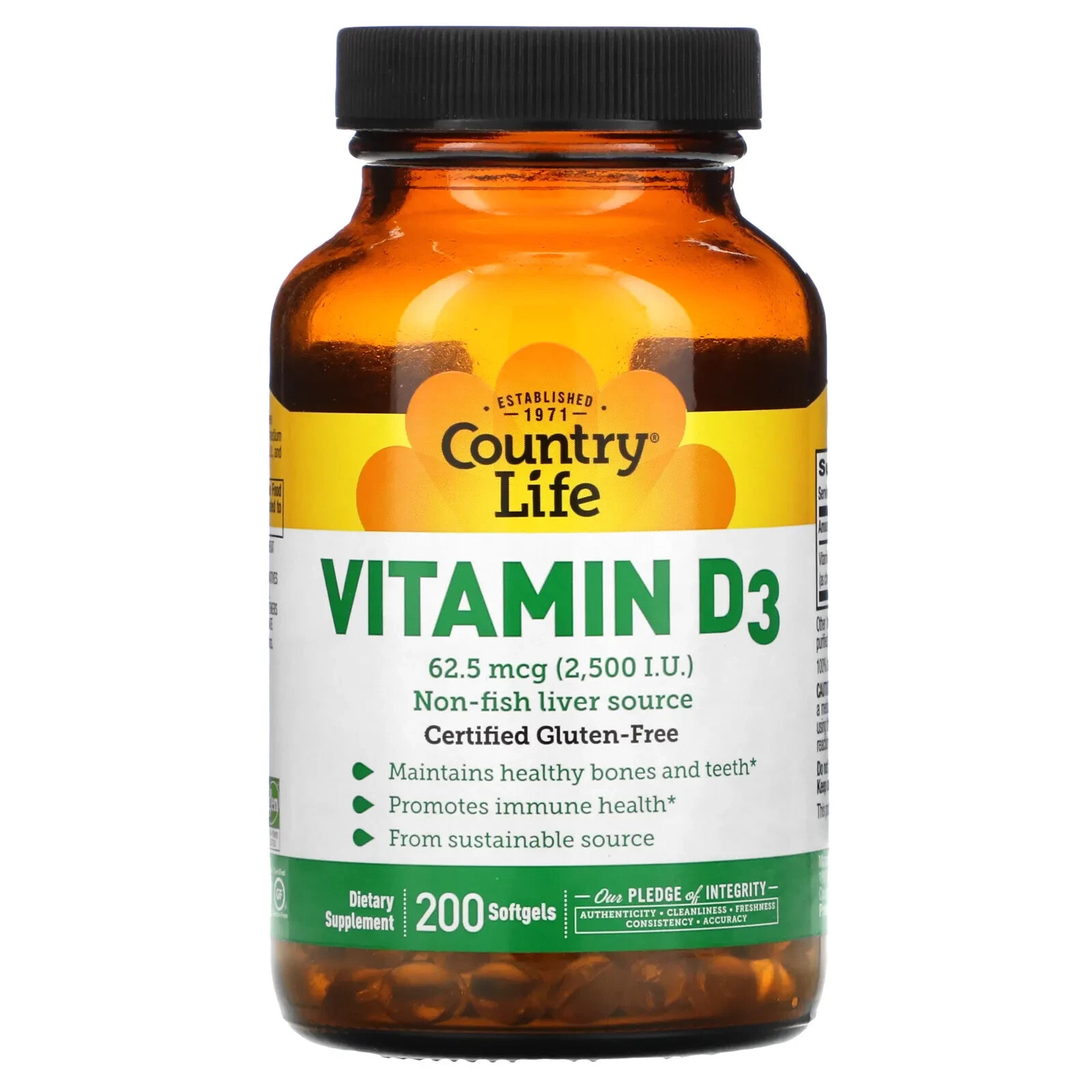 Country Life, Vitamin D3, 62.5 mcg (2,500 I.U.), 200 Softgels