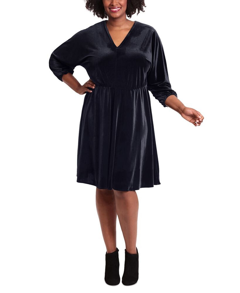 London Times plus Size Velvet V-Neck Fit & Flare Dress