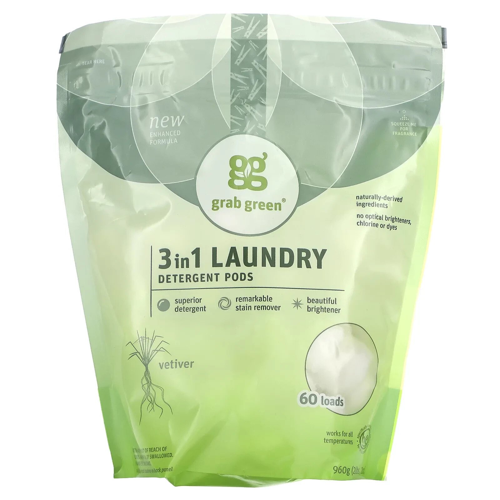 3-in-1 Laundry Powder Detergent Pods, Vetiver, 60 Loads, 2 lbs, 2 oz (960 g)