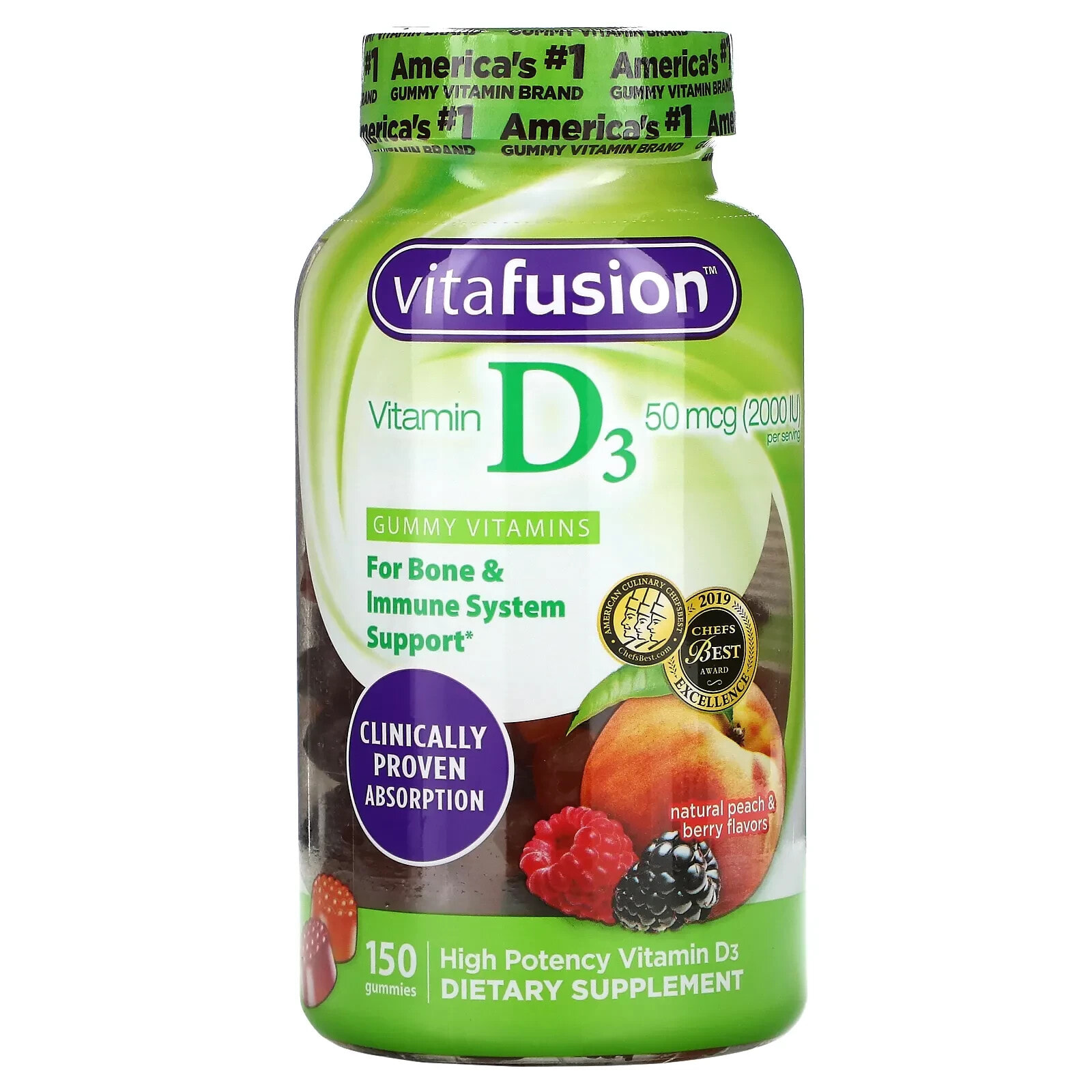 Vitamin D3, Natural Peach & Berry, 2,000 IU, 150 Gummies (25 mcg (1,000 IU) per Gummy)