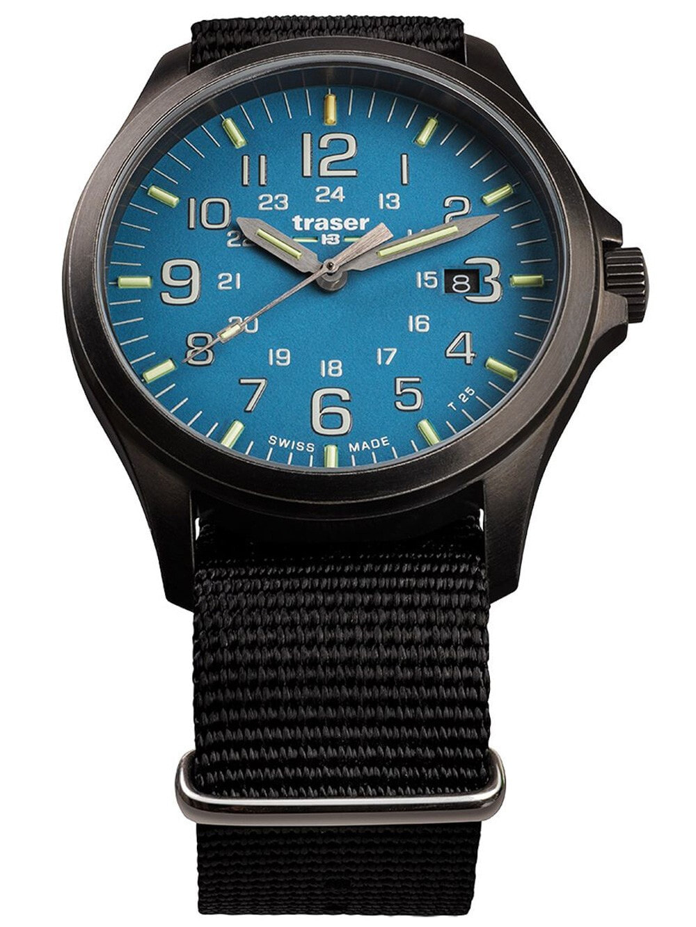 Мужские наручные часы с черным текстильным ремешком Traser H3 108647 P67 Officer GunMetal Skyblue Mens 42mm 10ATM