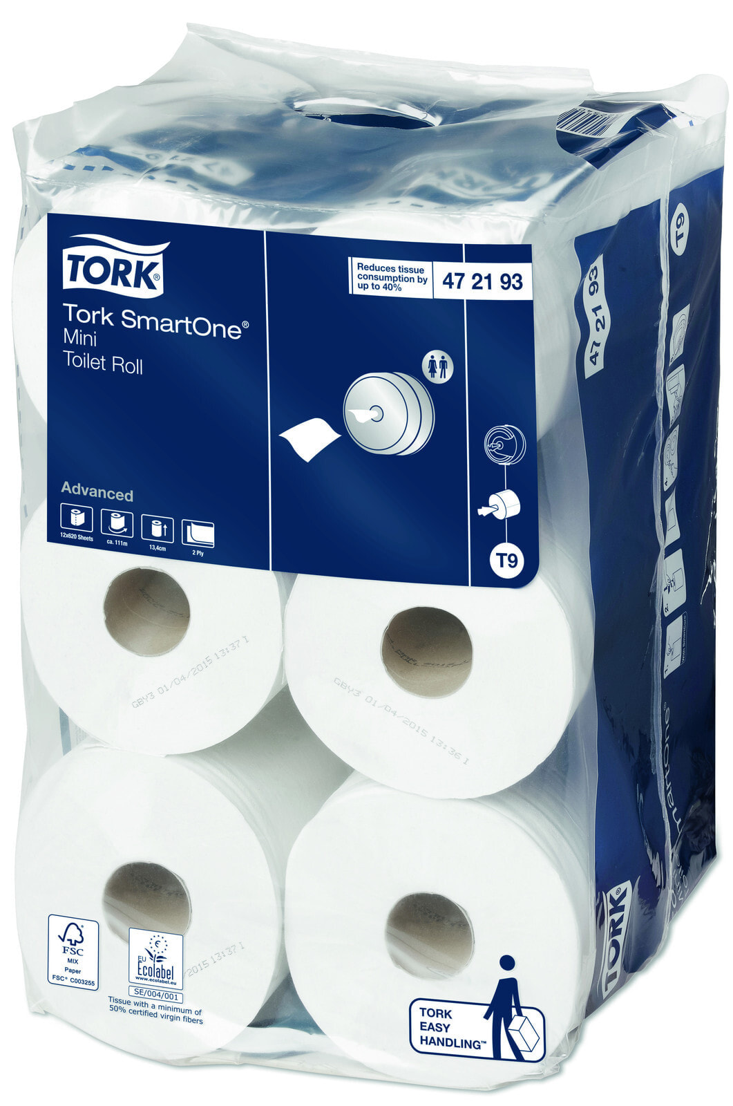 Tork 472193 Туалетная бумага 2 слойная   в мини-рулонах Система T9  12 рулонов 620 листов 111,6 м х 13,4 см