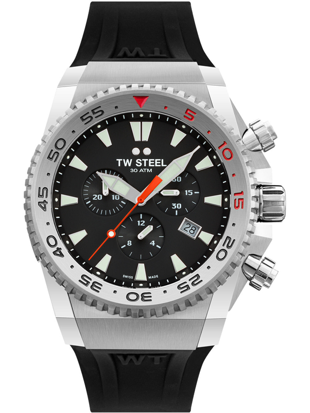Мужские наручные часы с черным силиконовым ремешком  TW-Steel ACE400 Ace Diver chronograph 44mm 30ATM