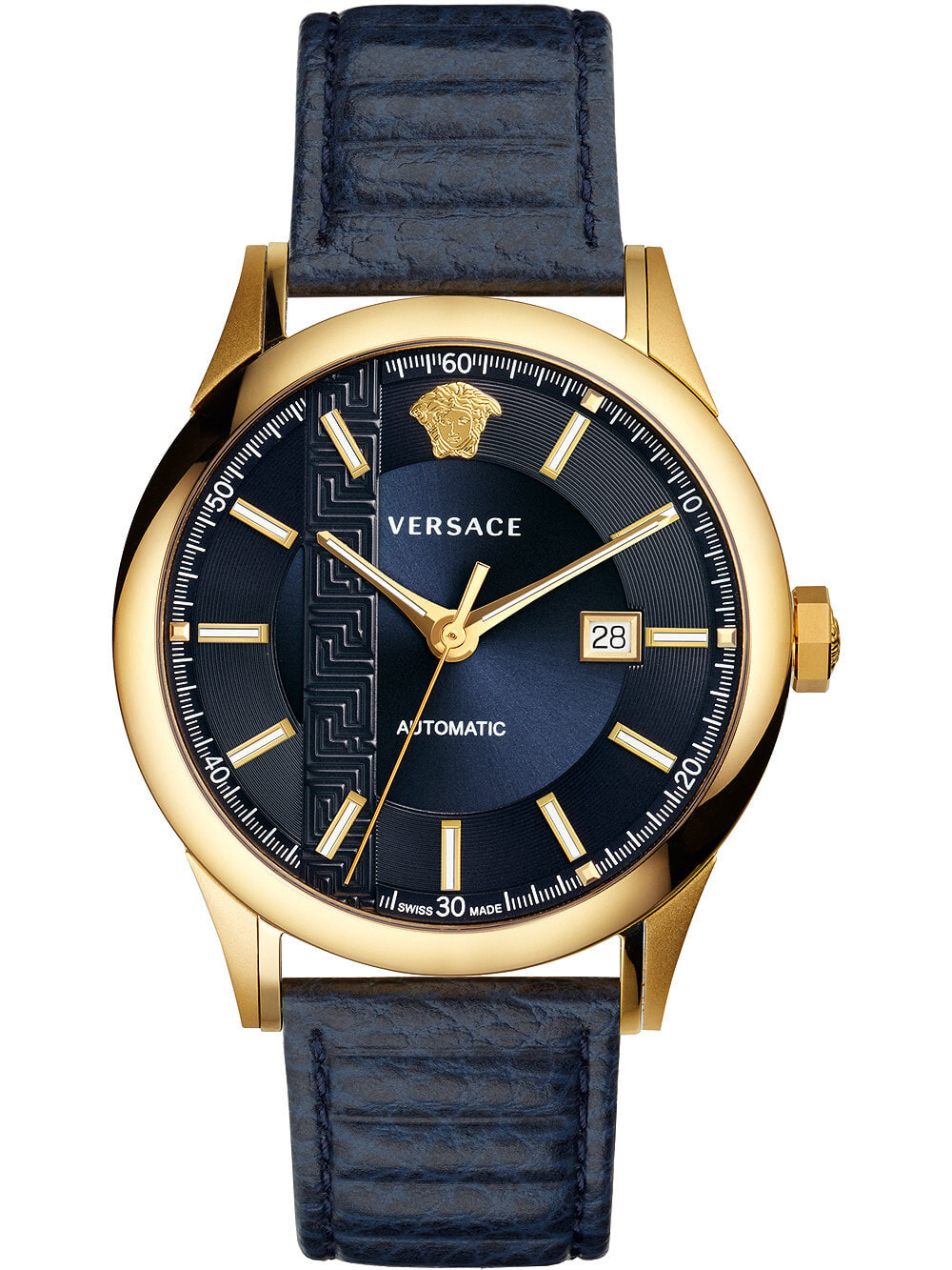 Мужские наручные часы с синим кожаным ремешком Versace V18020017 Aiakos automatic mens 44mm 5ATM