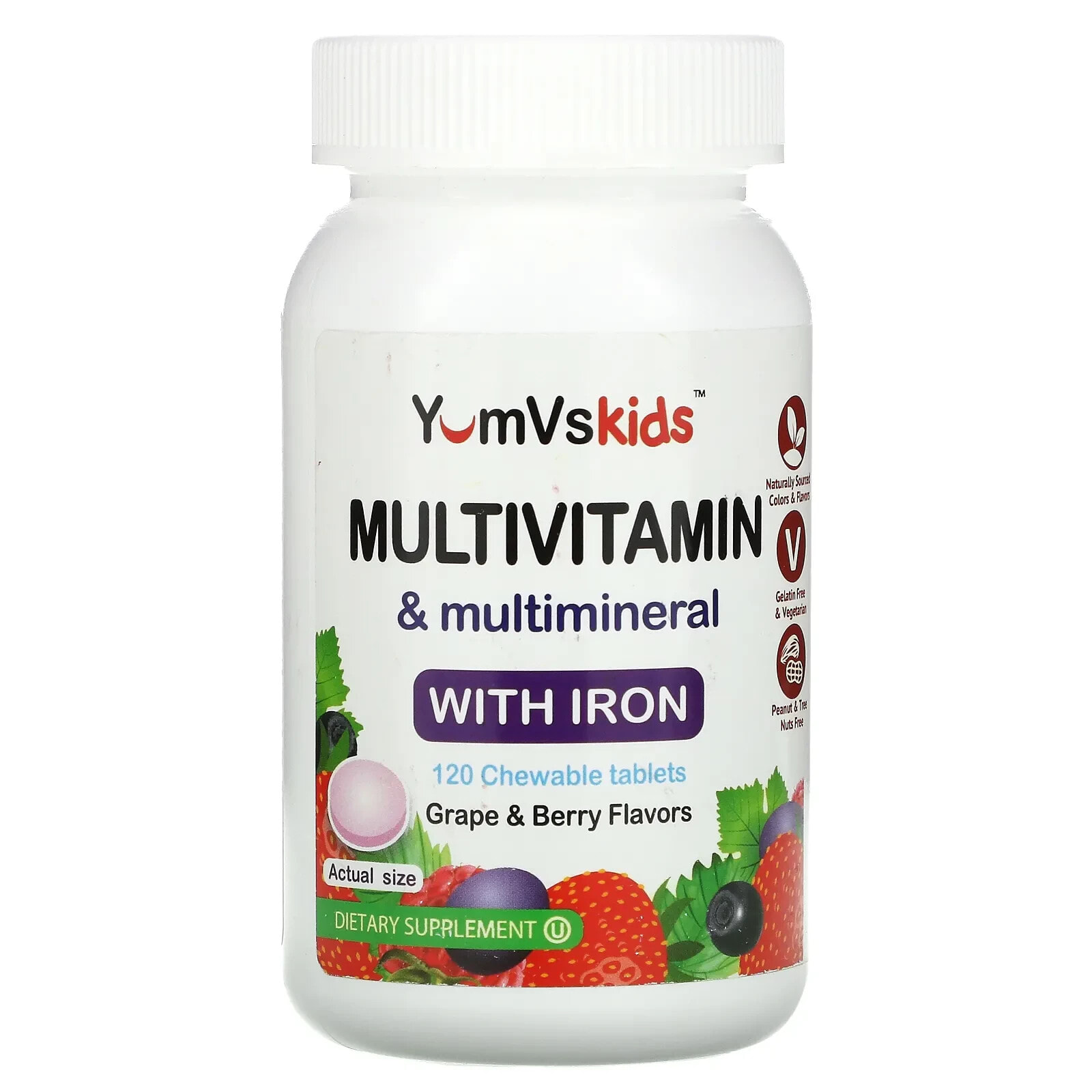 Yum-Vs, Мультивитамины и мультиминералы с железом, виноградом и ягодами, 120 жевательных таблеток