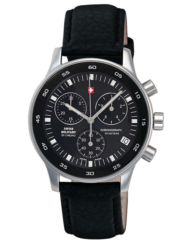 Мужские наручные часы с черным кожаным ремешком Swiss Military SM30052.03 Chronograph 40mm 5 ATM