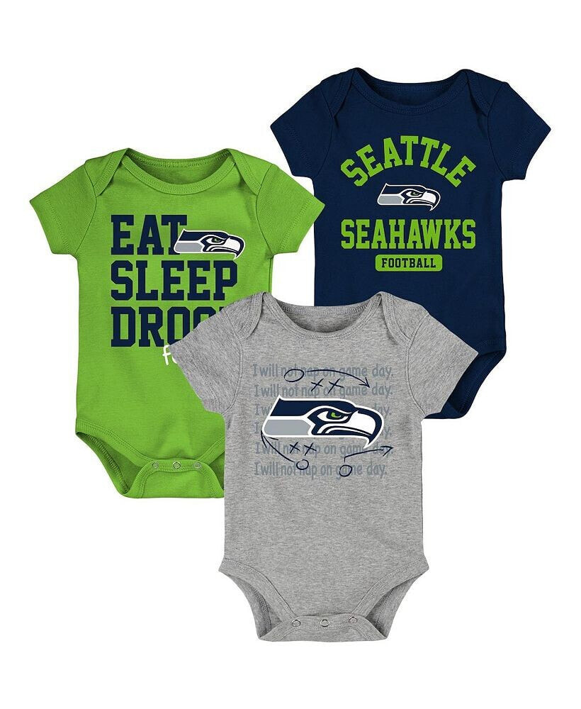 Outerstuff newborn and Infant Boys and Girls Navy, Neon Green Seattle Seahawks Eat Sleep Drool Football Three-Piece Bodysuit Set