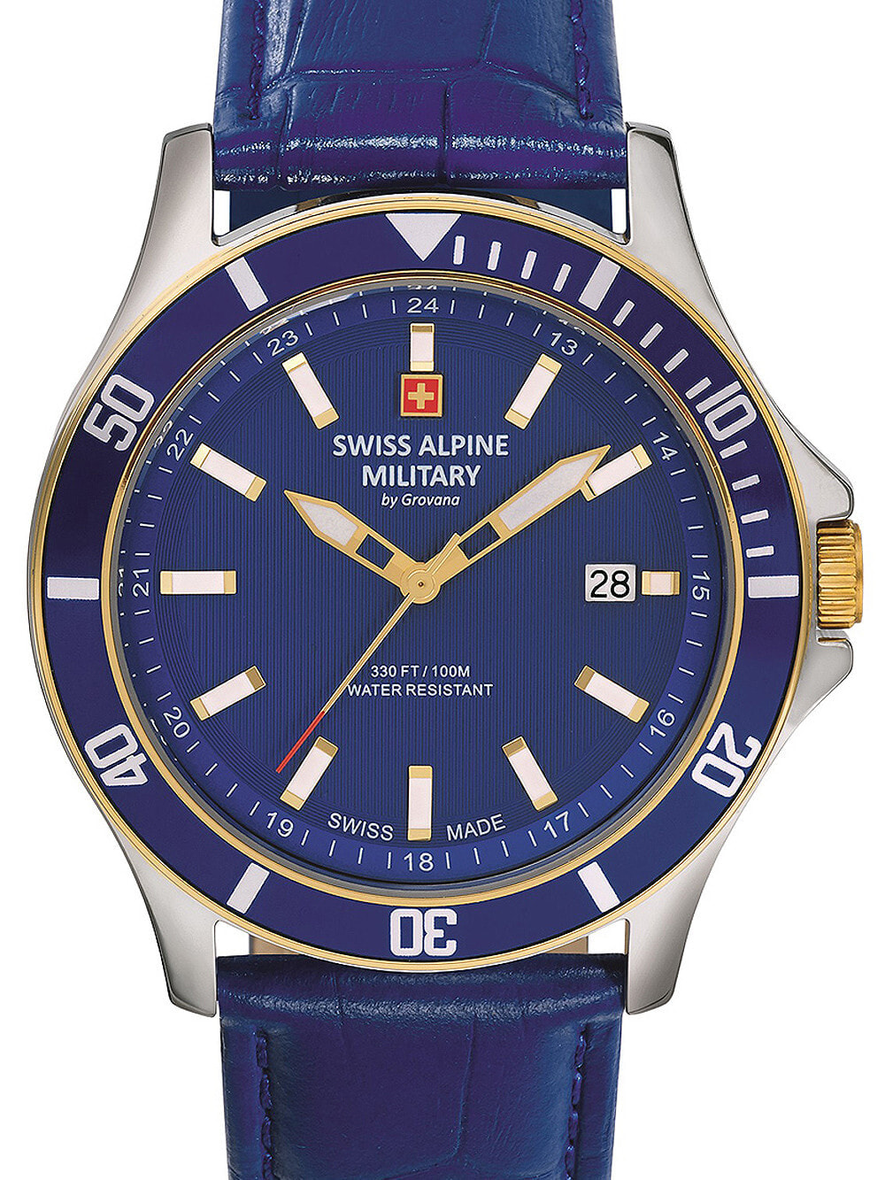 Мужские наручные часы с синим кожаным ремешком  Swiss Alpine Military 7022.1545 mens 42mm 10ATM