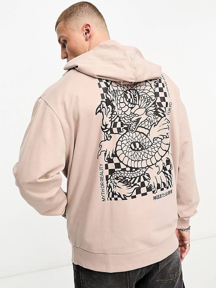 ASOS DESIGN – Leichter Oversize-Kapuzenpullover in Beige mit Drachen-Rückenprint und Schriftzug