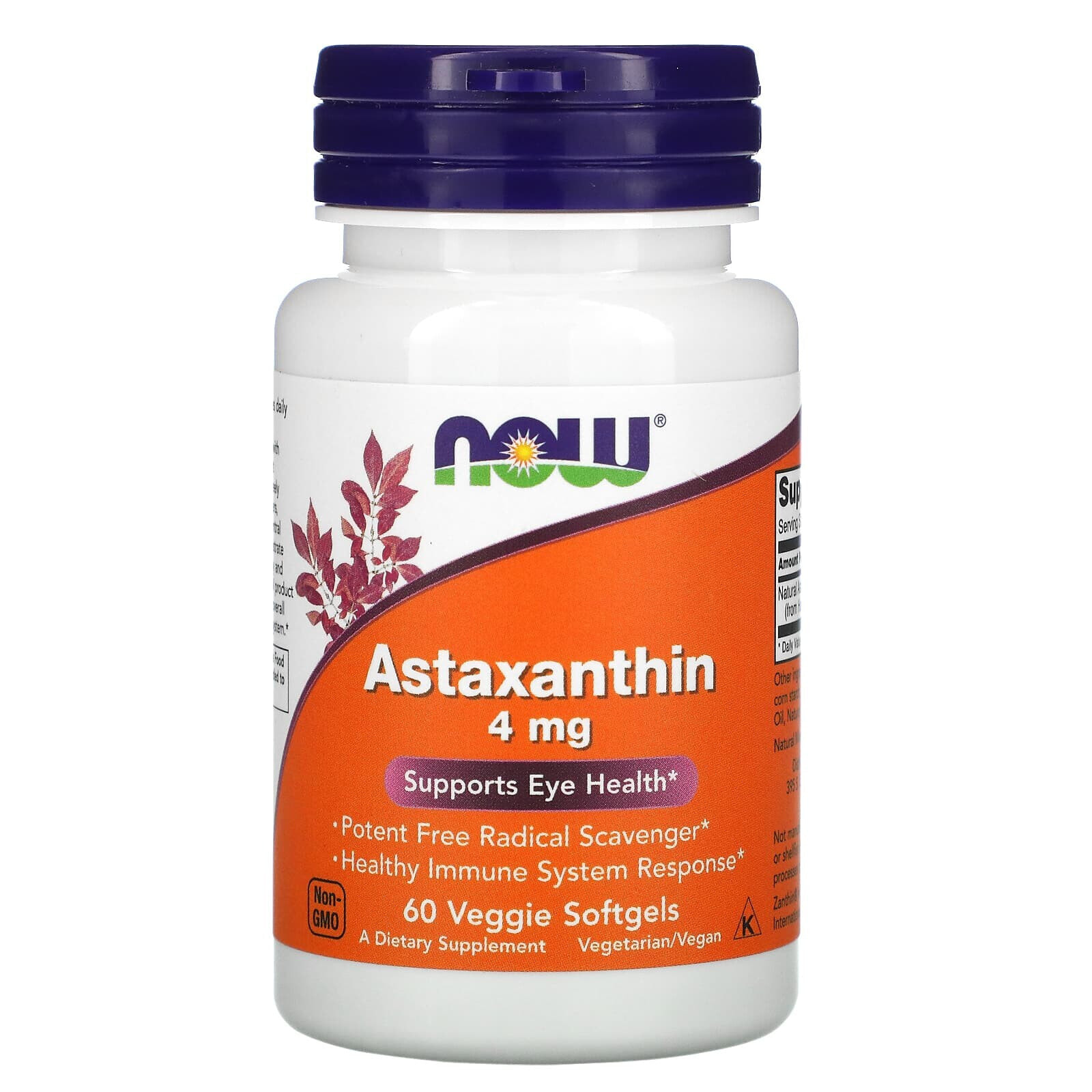 NOW Foods Astaxanthin Астаксантин для здоровья глаз 4 мг 60 растительных капсул