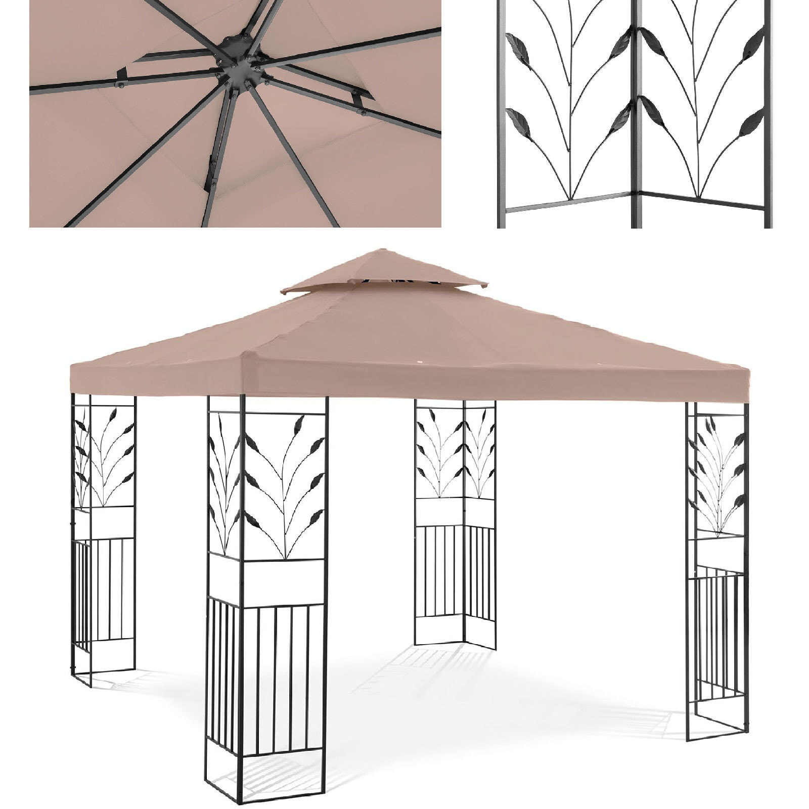 Garden pavilion, gazebo, folding roof with ornament, 3 x 3 x 2.6 m, beige