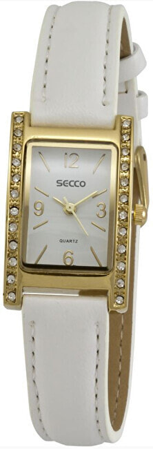 Женские квадратные наручные часы с кожаным тонким белым ремешком Secco 	С А5013,2-101