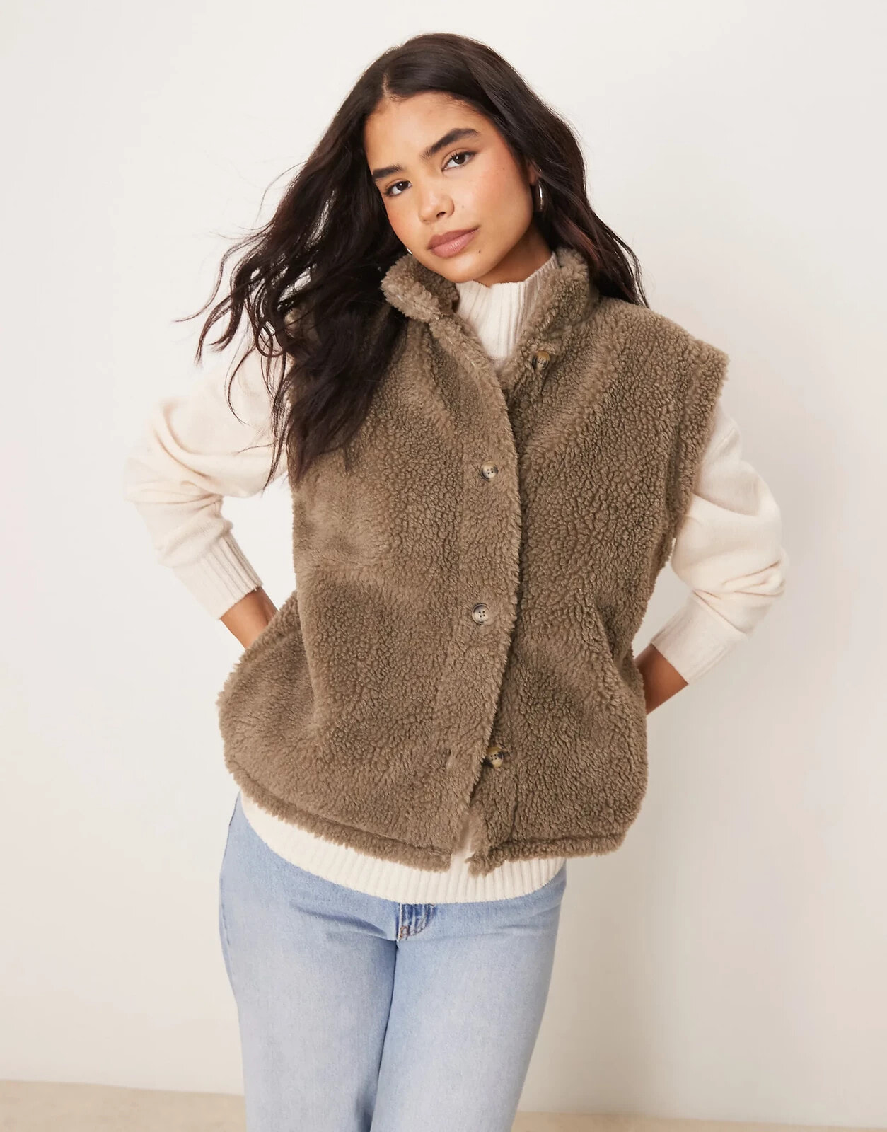 ASOS DESIGN borg funnel neck vest in mink