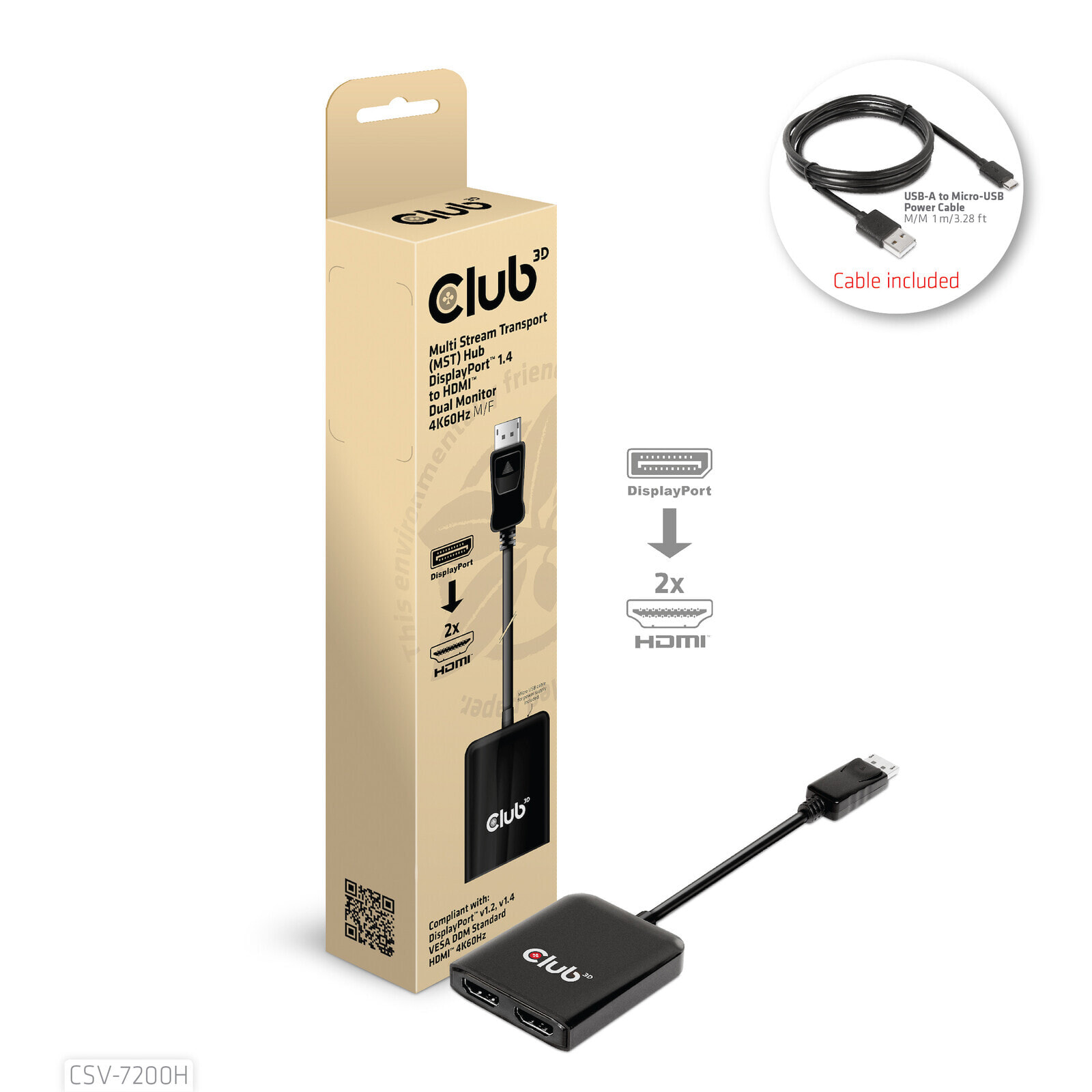 CLUB3D CSV-7200H видео разветвитель DisplayPort 2x HDMI