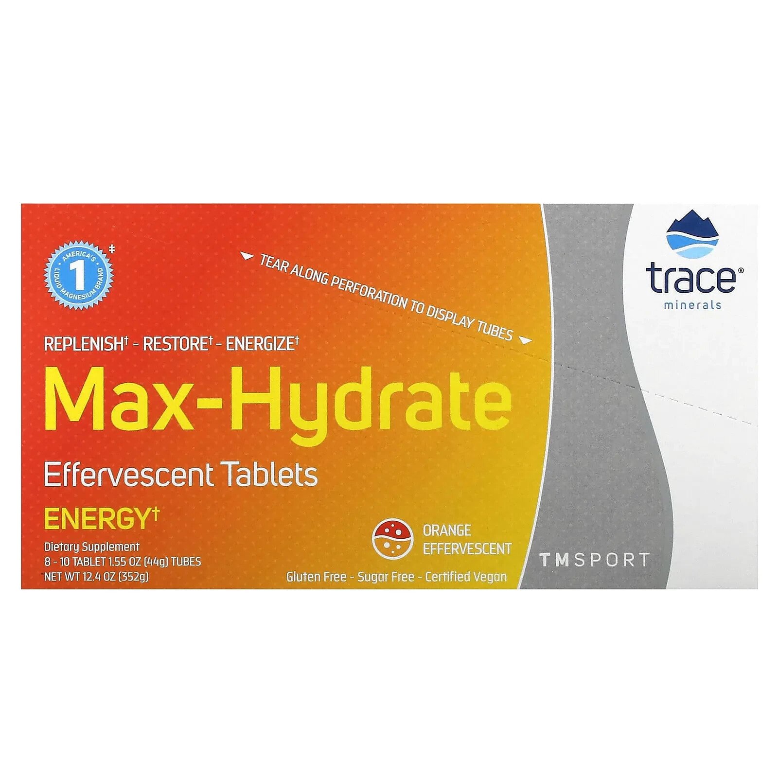 TM Sport, Max-Hydrate Energy Effervescent Tablets, Orange, 8 Tubes, 10 Tablets Each